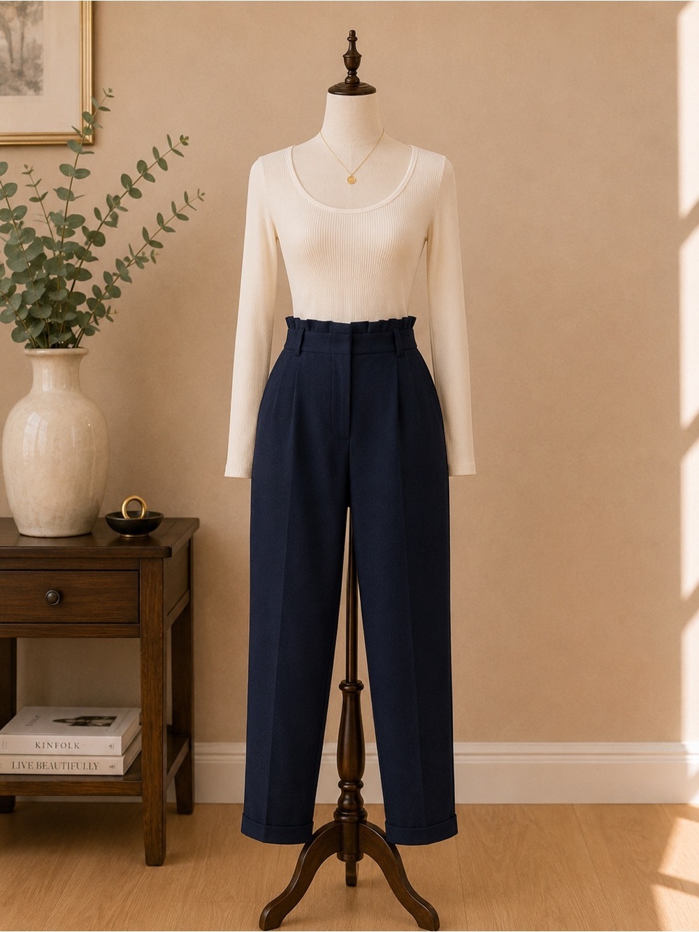 Zara Basic Navy High Waisted Paperbag Cropped Tapered Pants Size Small